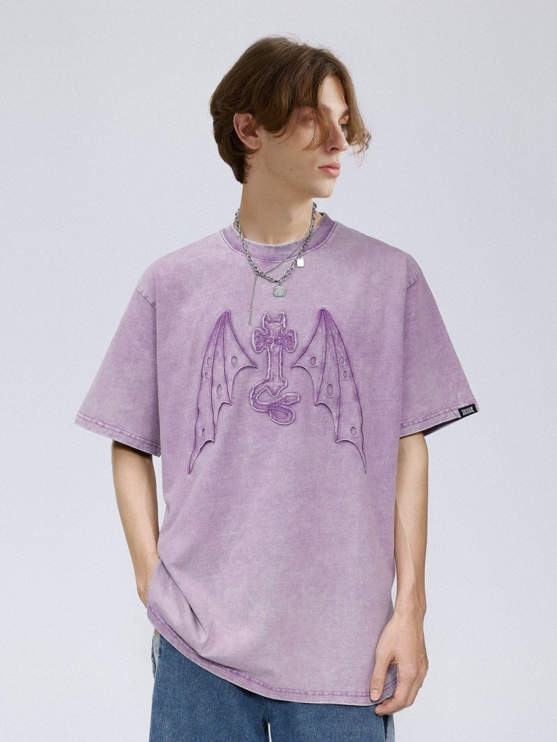 T Shirts Aelfric Eden Applique Embroidery Devil Element Washed Tee Violette | DXP-46314086